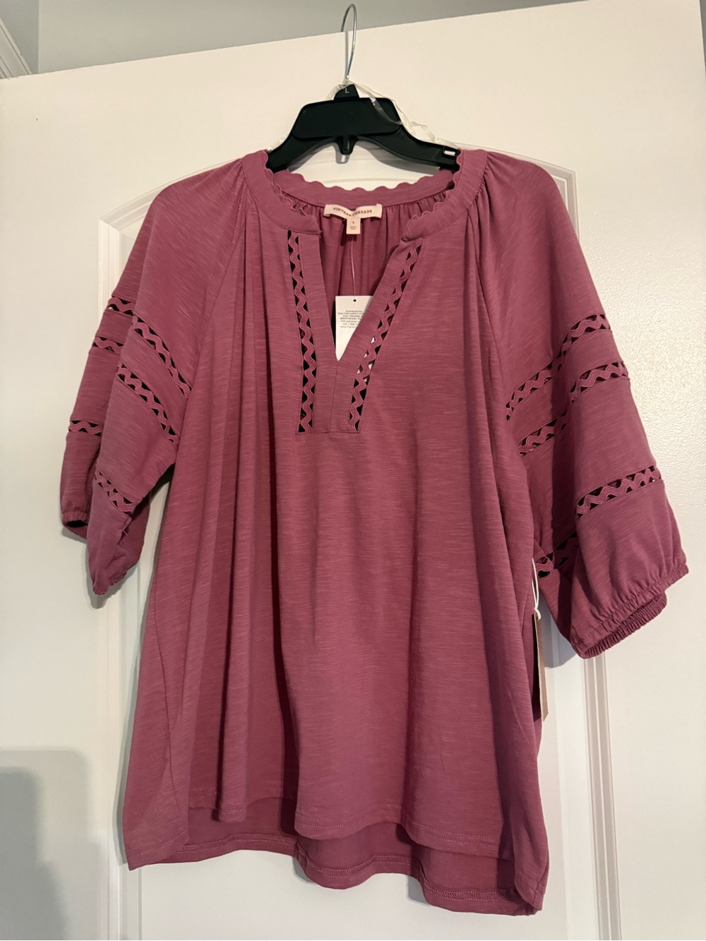 Boho Crochet-Trim Peasant Tunic Top - Dusty Rose